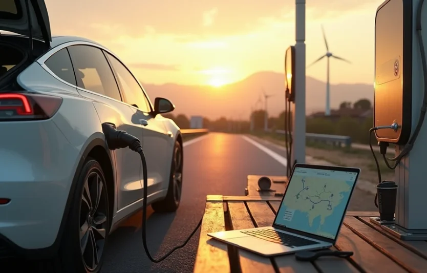 Електрокар Tesla заряджається біля вітрових турбін на заході сонця