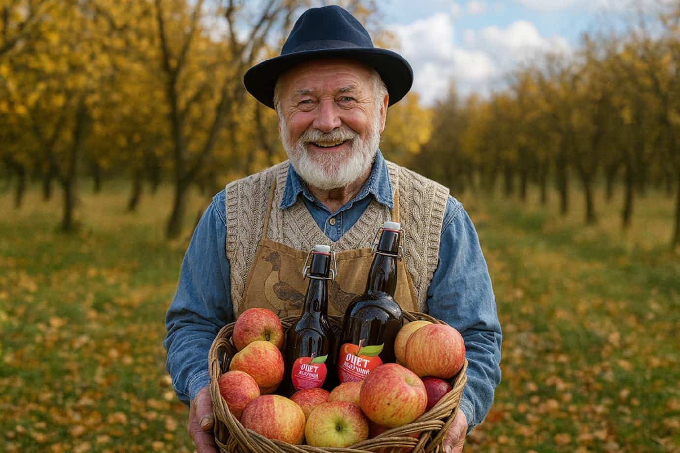 Пенсіонер Роман Диніс з яблуками та пляшками яблучного оцту Струмок у саду