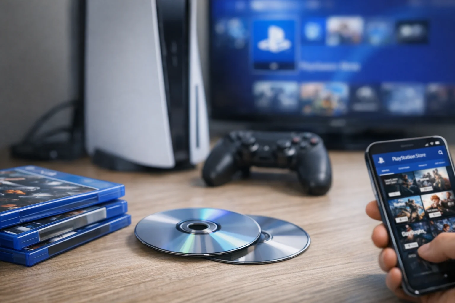 Диски PlayStation біля консолі та смартфона з цифровим магазином