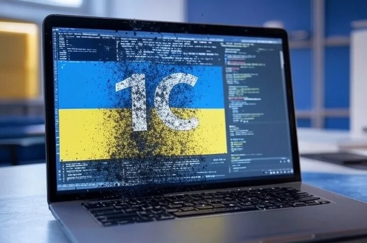 Ноутбук з 1С на тлі прапора України, що розпадається